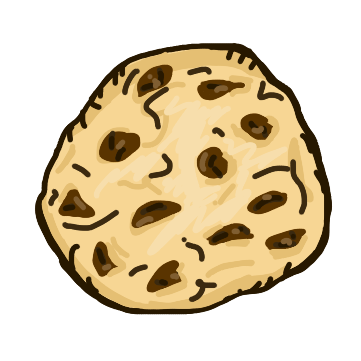 a digital drawing of a chocolate chip cookie, it’s a tan color with some lines and blobs